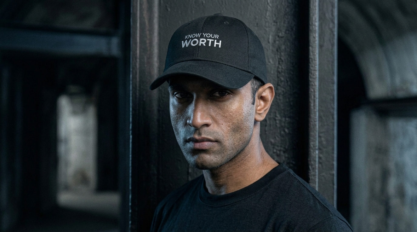 Close portrait of a model wearing the black KNOW YOUR WORTH embroidered dad cap