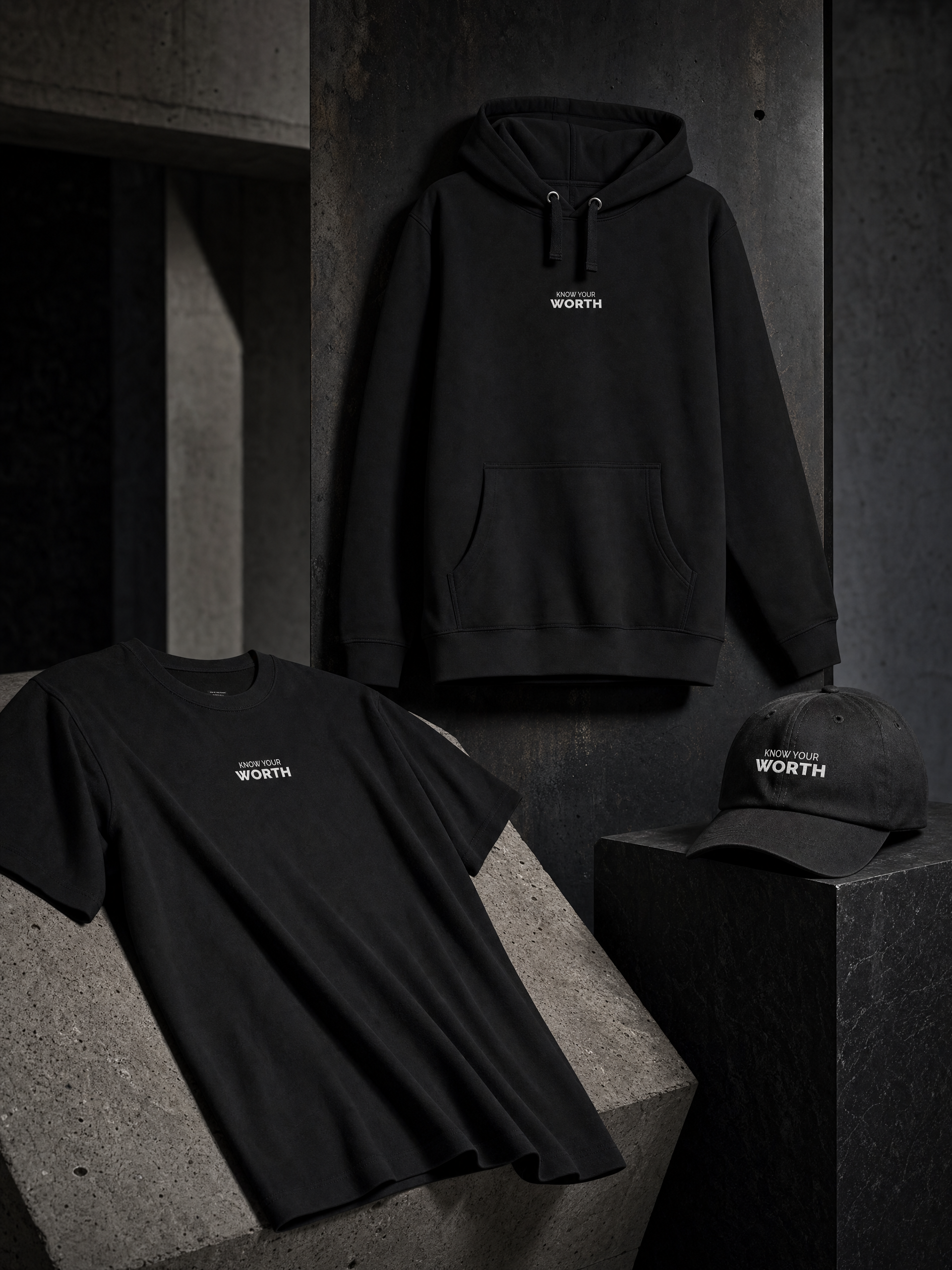 KNOW YOUR WORTH collection — tee, hoodie and dad cap