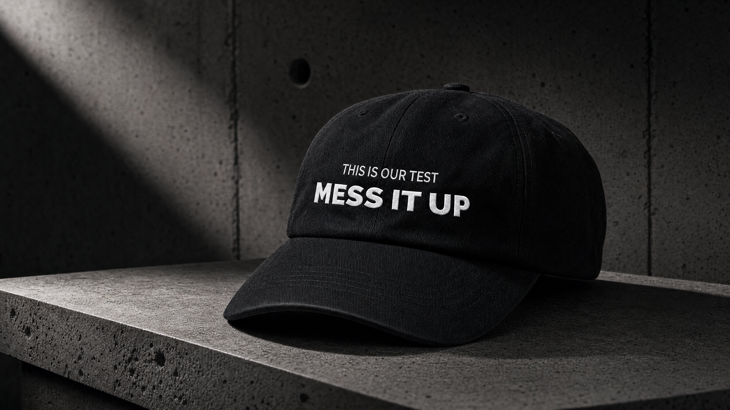 THIS IS OUR TEST. MESS IT UP. embroidered dad cap — editorial campaign frame