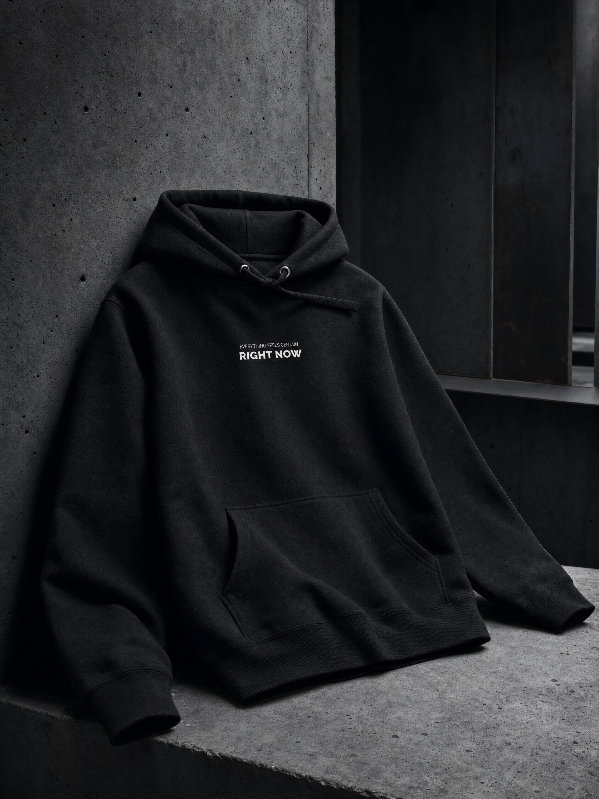 EVERYTHING FEELS CERTAIN, RIGHT NOW premium pullover hoodie — editorial campaign frame