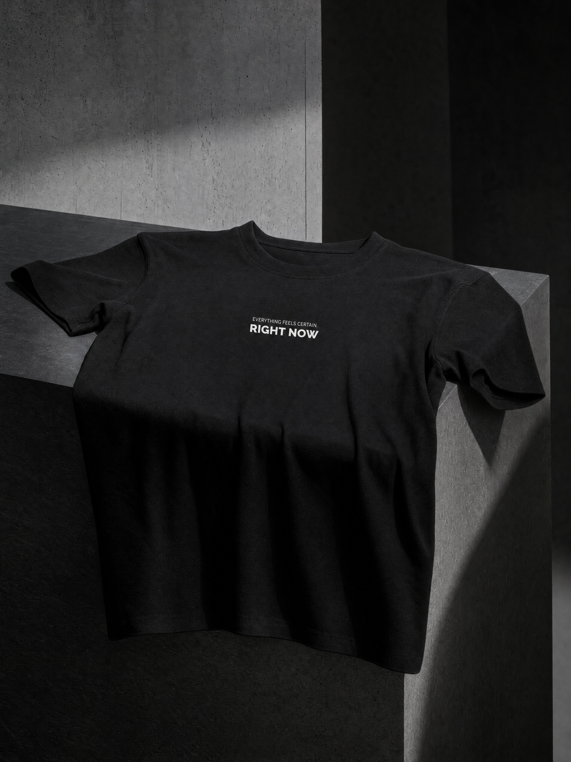 EVERYTHING FEELS CERTAIN, RIGHT NOW heavyweight tee — editorial campaign frame