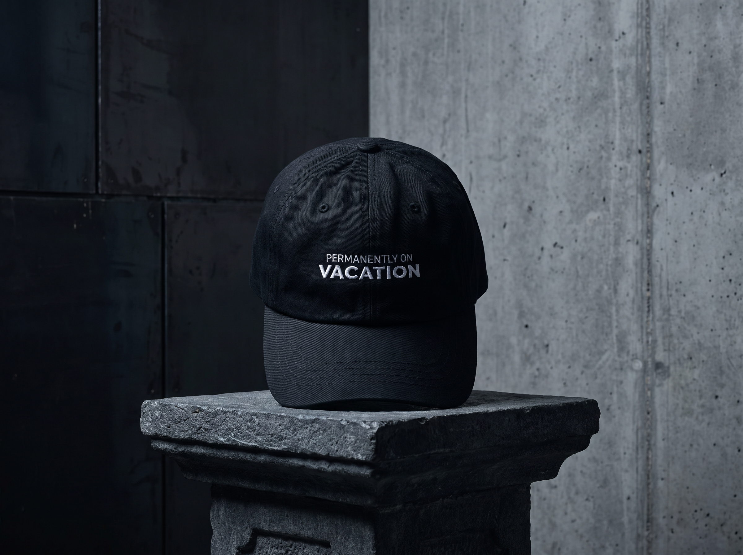 PERMANENTLY ON VACATION embroidered dad cap — editorial campaign frame