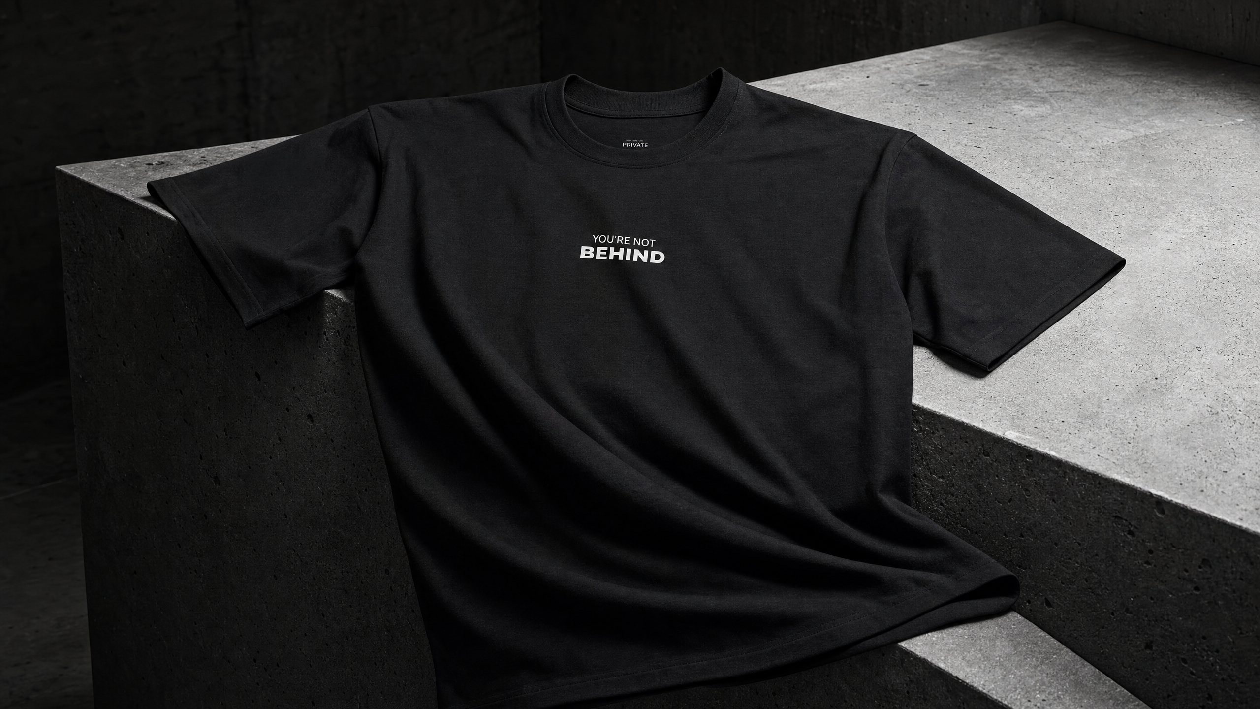 YOU’RE NOT BEHIND heavyweight tee — editorial campaign frame
