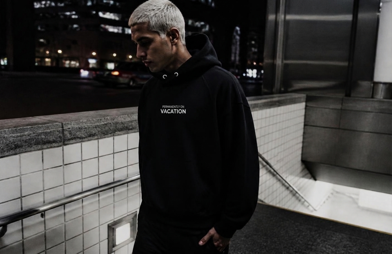 Model walking past a tiled subway entrance at night wearing the black PERMANENTLY ON VACATION hoodie