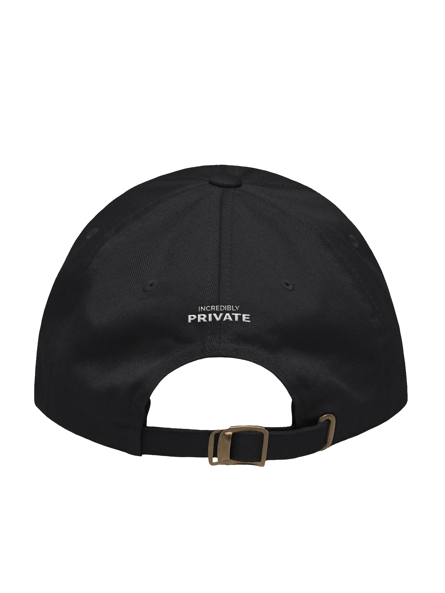INCREDIBLY PRIVATE embroidered dad cap — official Fourthwall back view — rear INCREDIBLY PRIVATE embroidery and adjustable strap