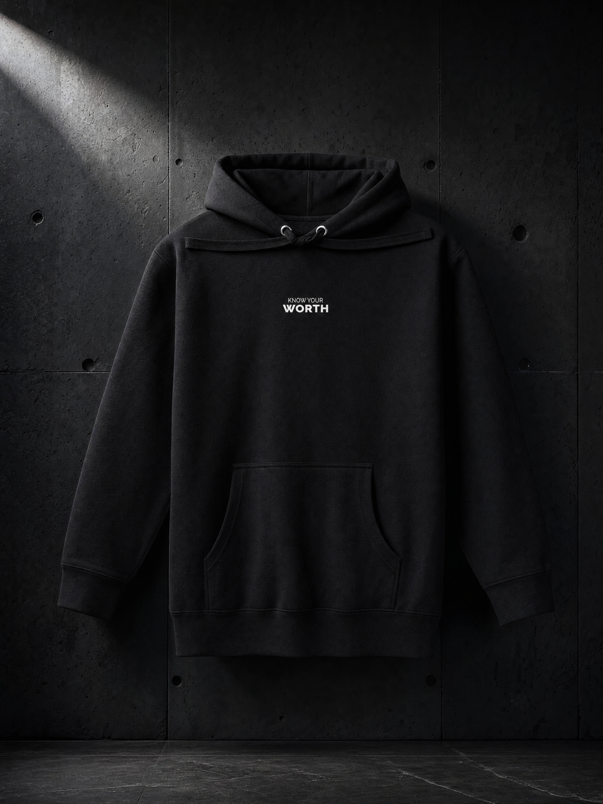 KNOW YOUR WORTH premium pullover hoodie — editorial campaign frame