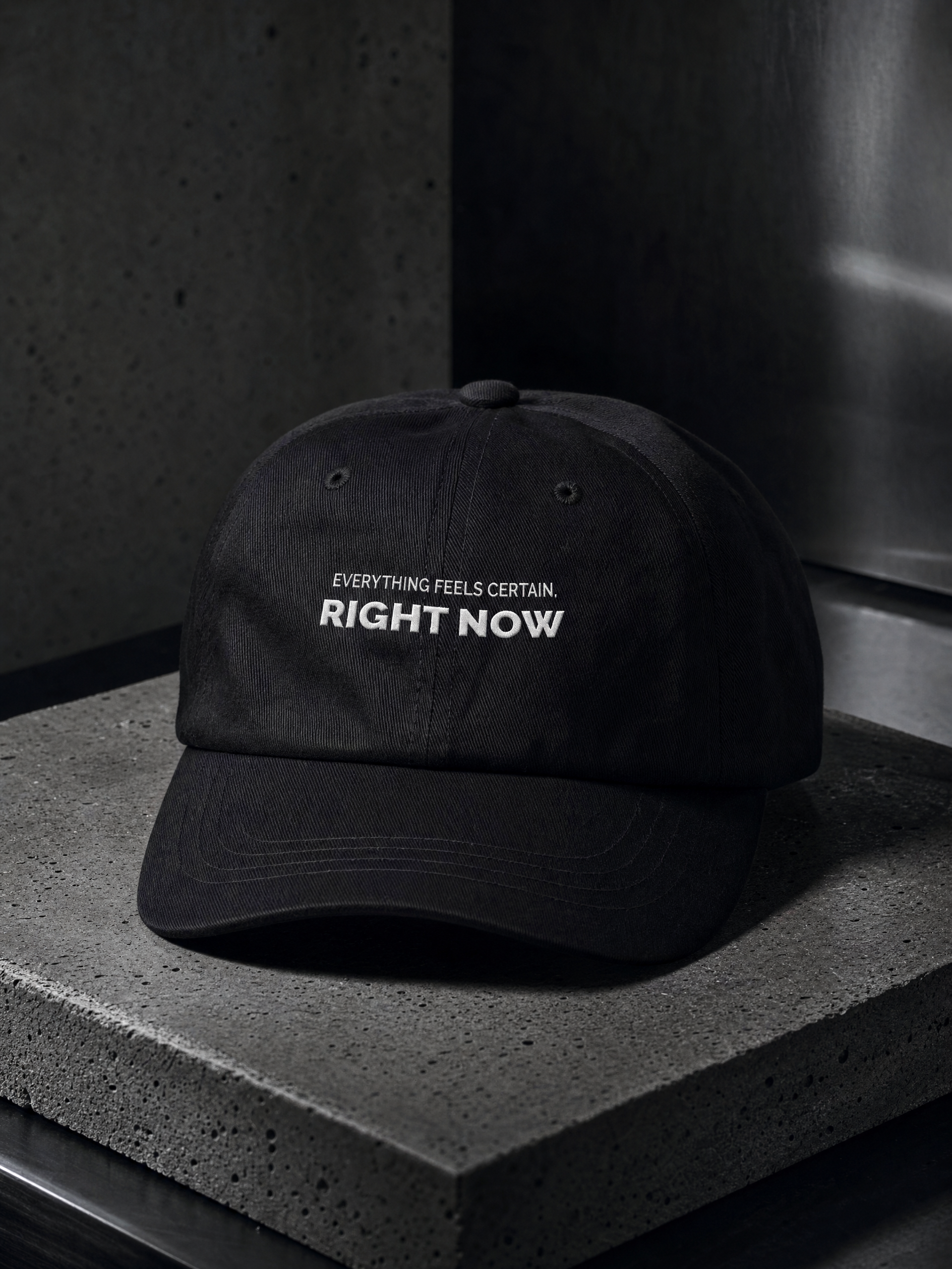 EVERYTHING FEELS CERTAIN, RIGHT NOW embroidered dad cap — editorial campaign frame