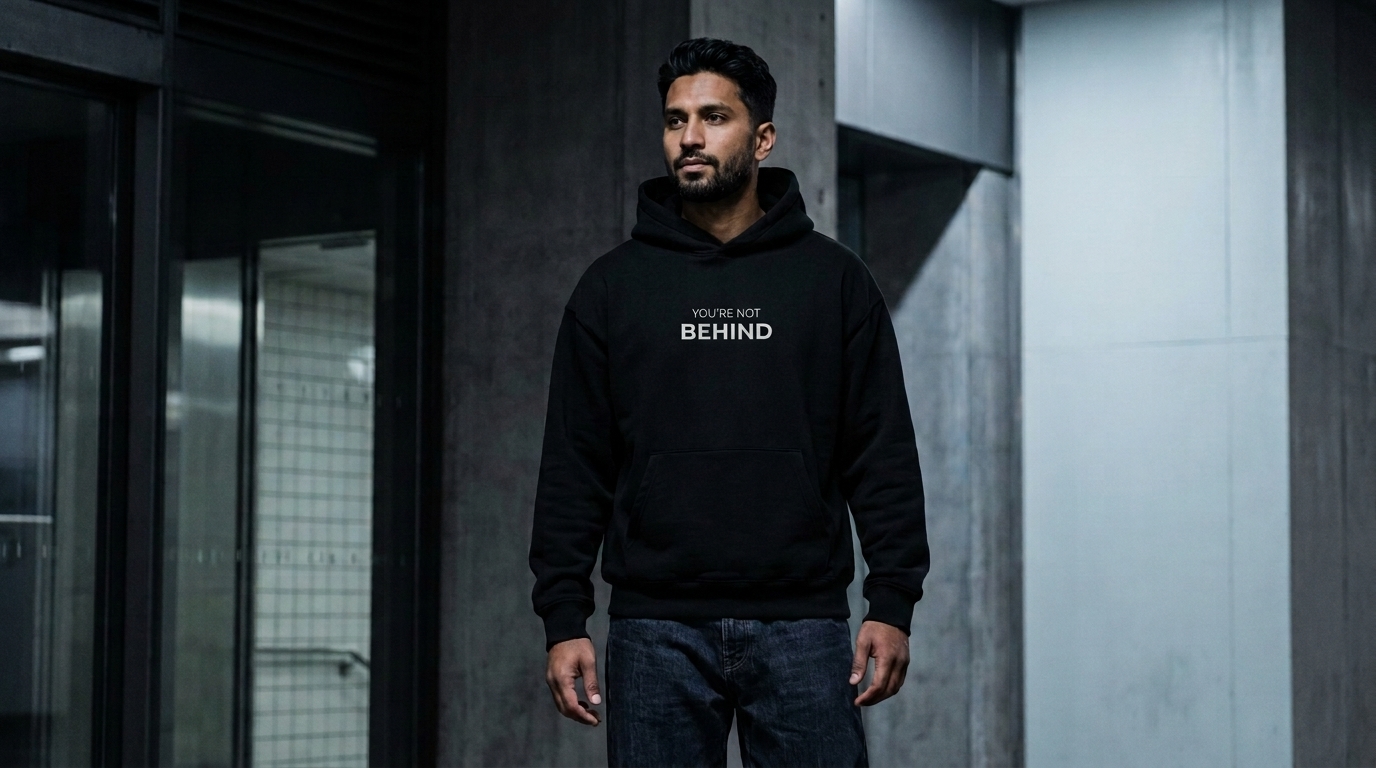 Bearded model standing in a concrete and glass interior wearing the black YOU’RE NOT BEHIND hoodie