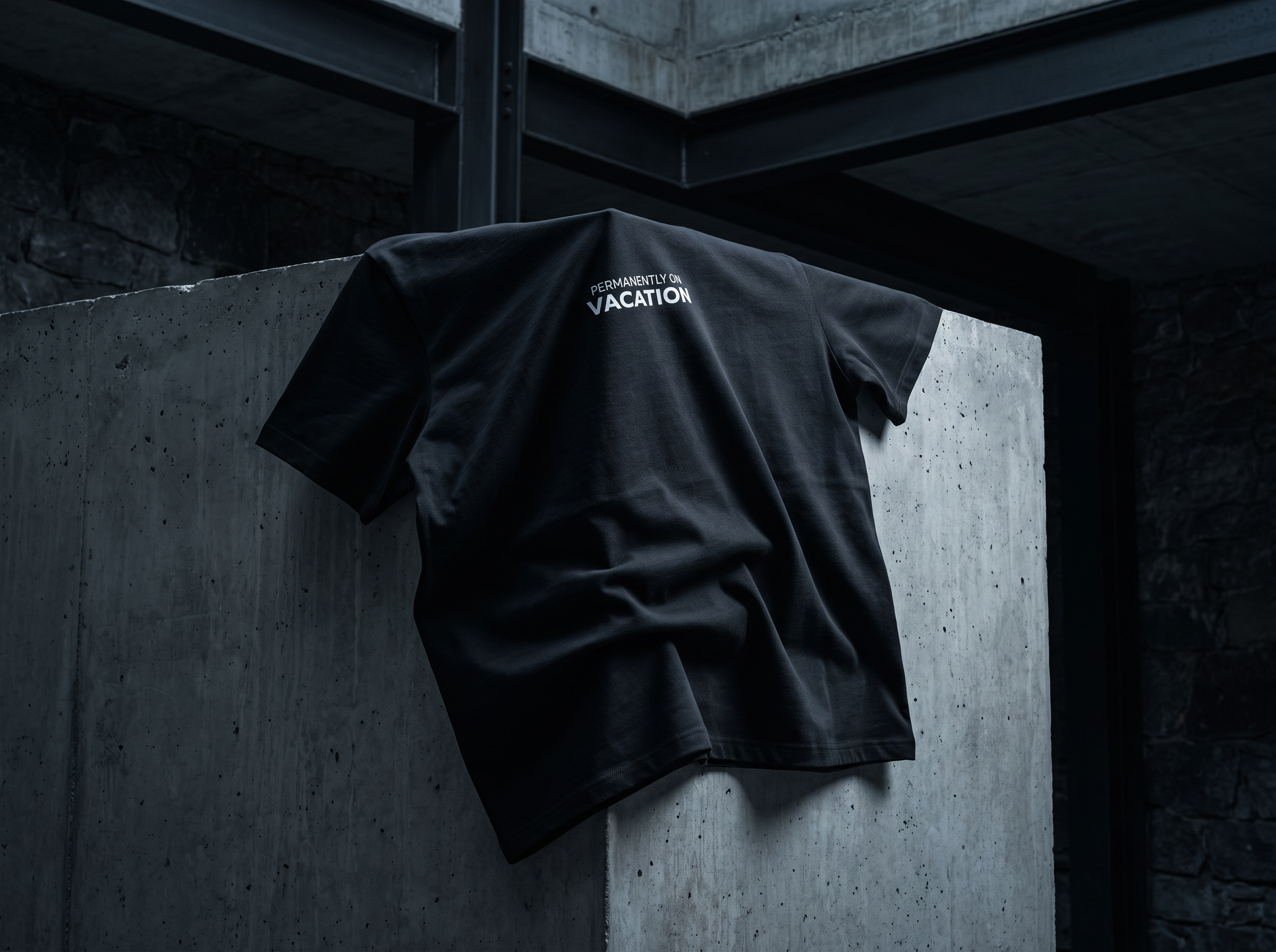 PERMANENTLY ON VACATION heavyweight tee — editorial campaign frame