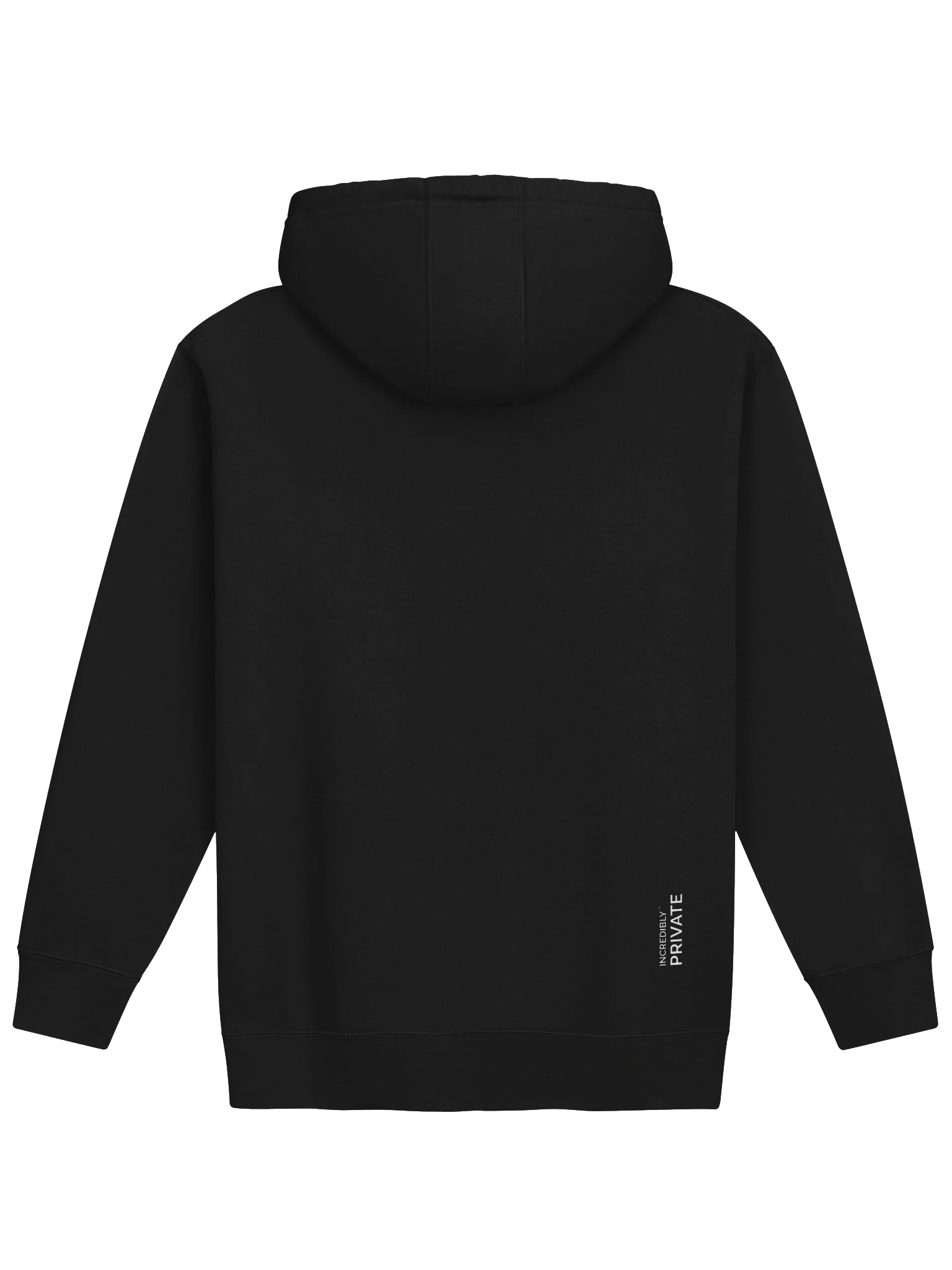 PERMANENTLY ON VACATION premium pullover hoodie — official Fourthwall back view — exterior INCREDIBLY PRIVATE branding