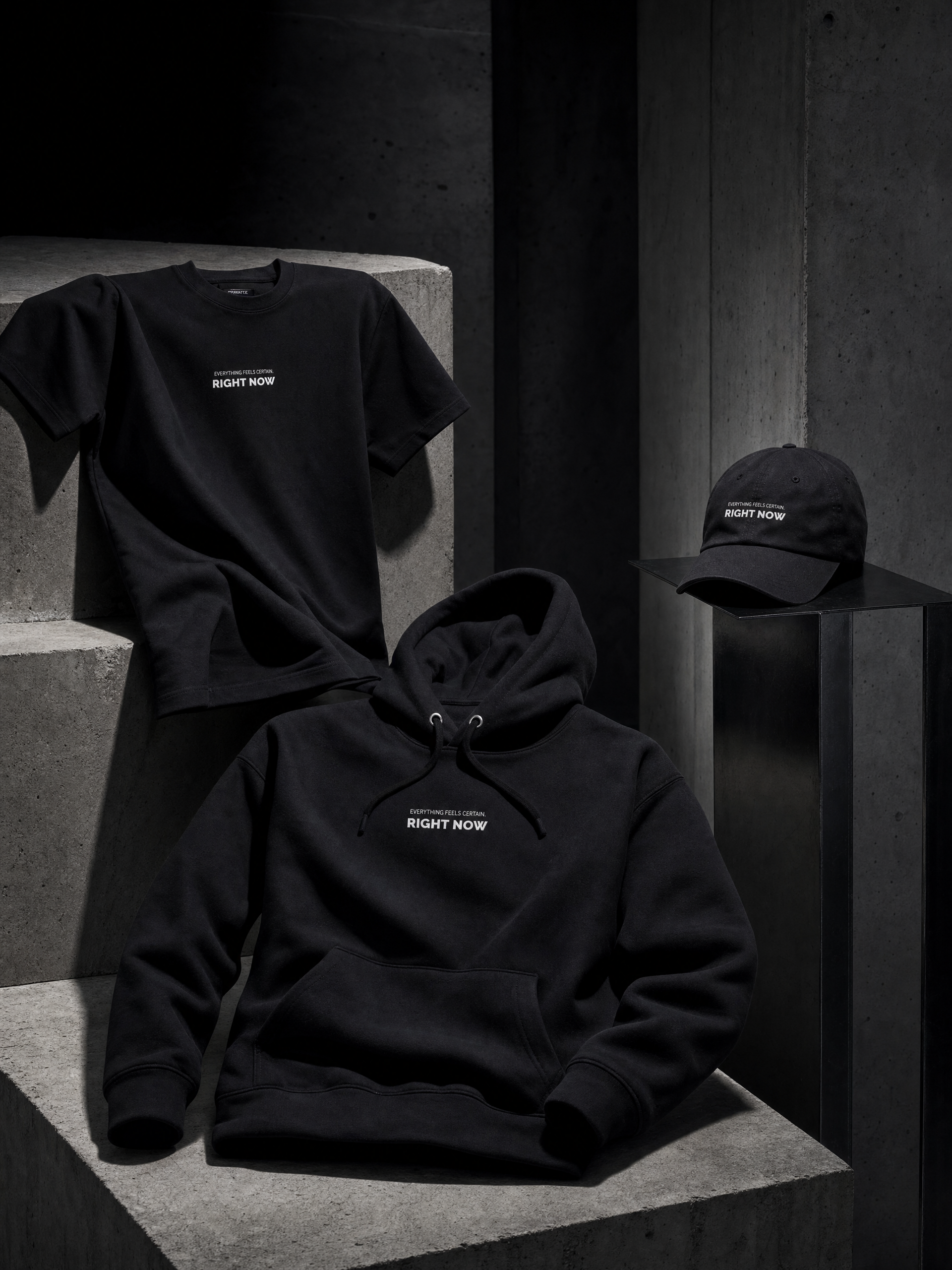 EVERYTHING FEELS CERTAIN, RIGHT NOW collection — tee, hoodie and dad cap