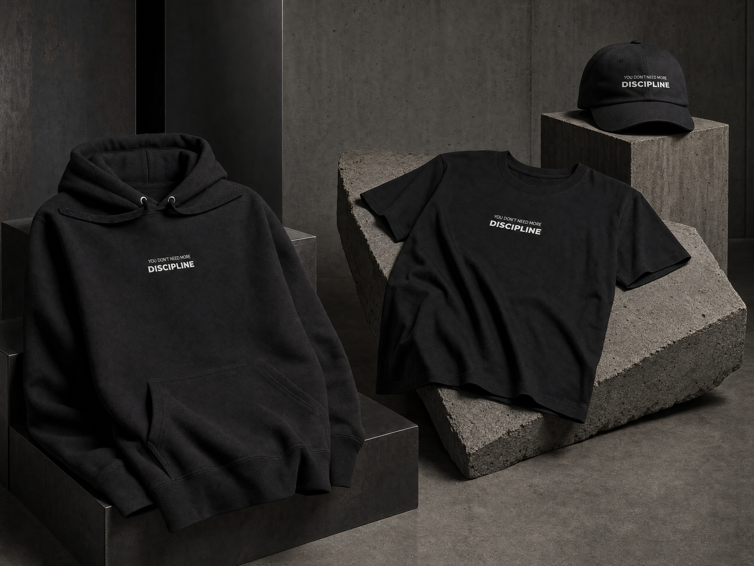 YOU DON’T NEED MORE DISCIPLINE collection — tee, hoodie and dad cap