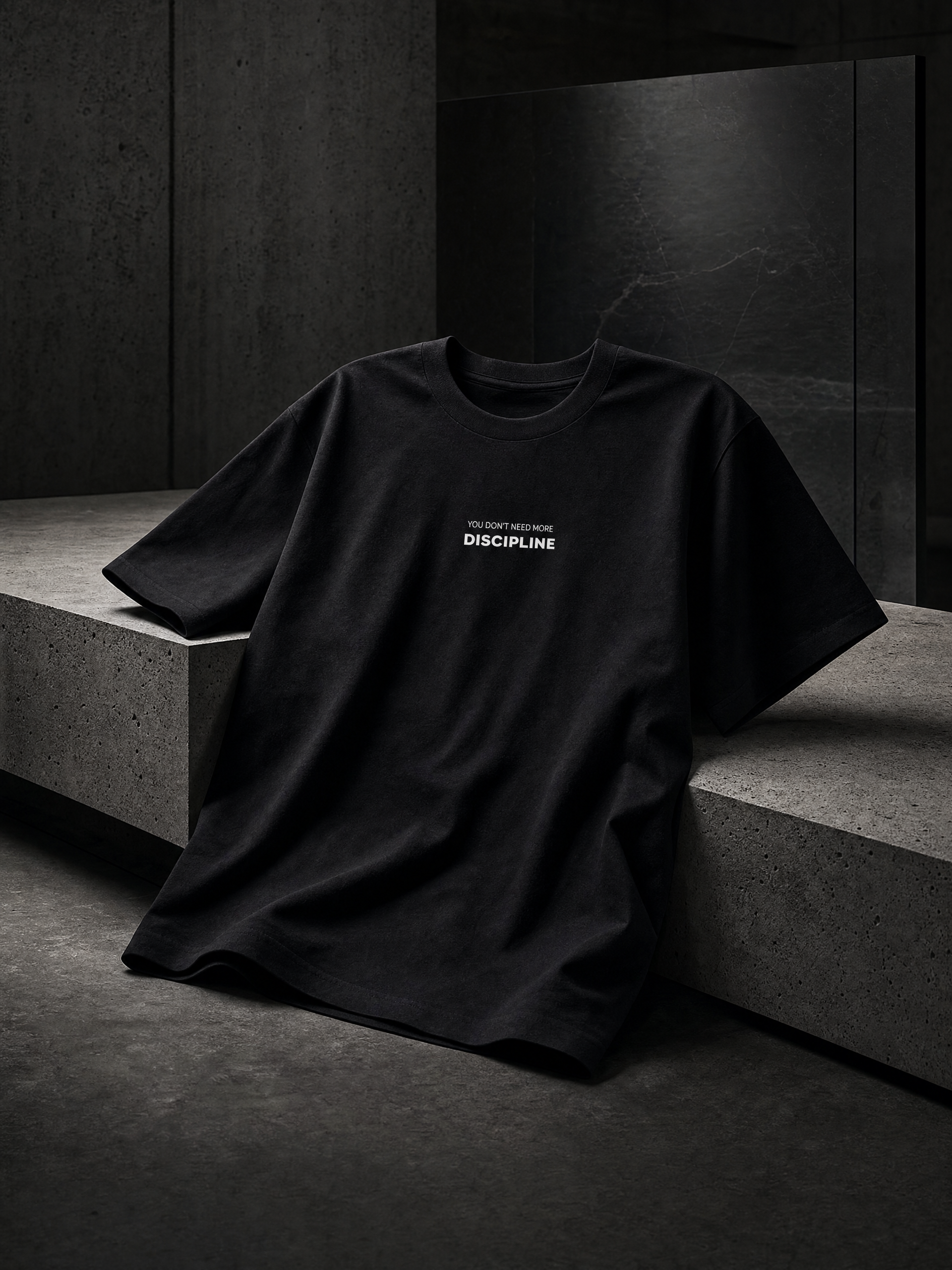 YOU DON’T NEED MORE DISCIPLINE heavyweight tee — editorial campaign frame