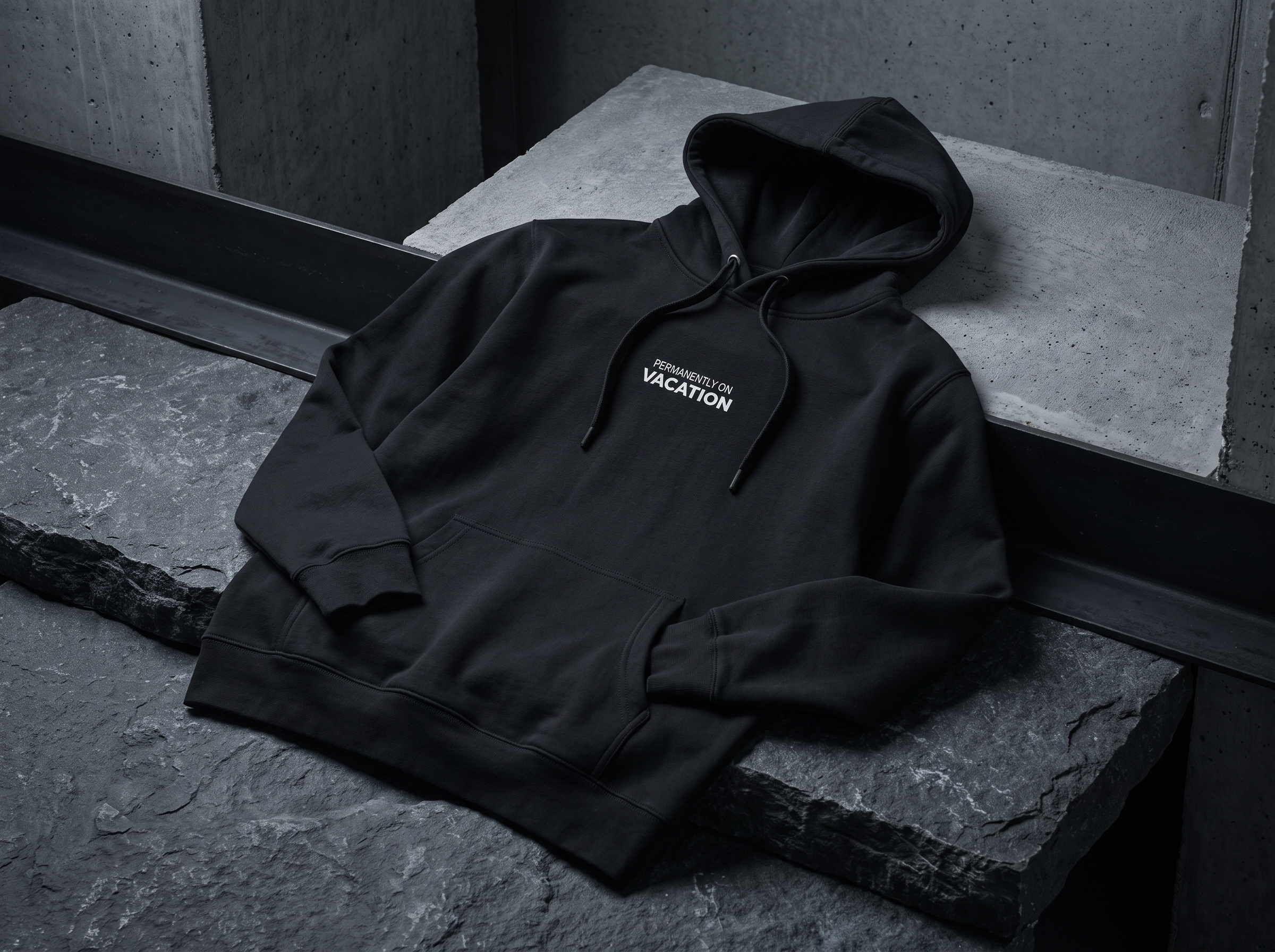 PERMANENTLY ON VACATION premium pullover hoodie — editorial campaign frame