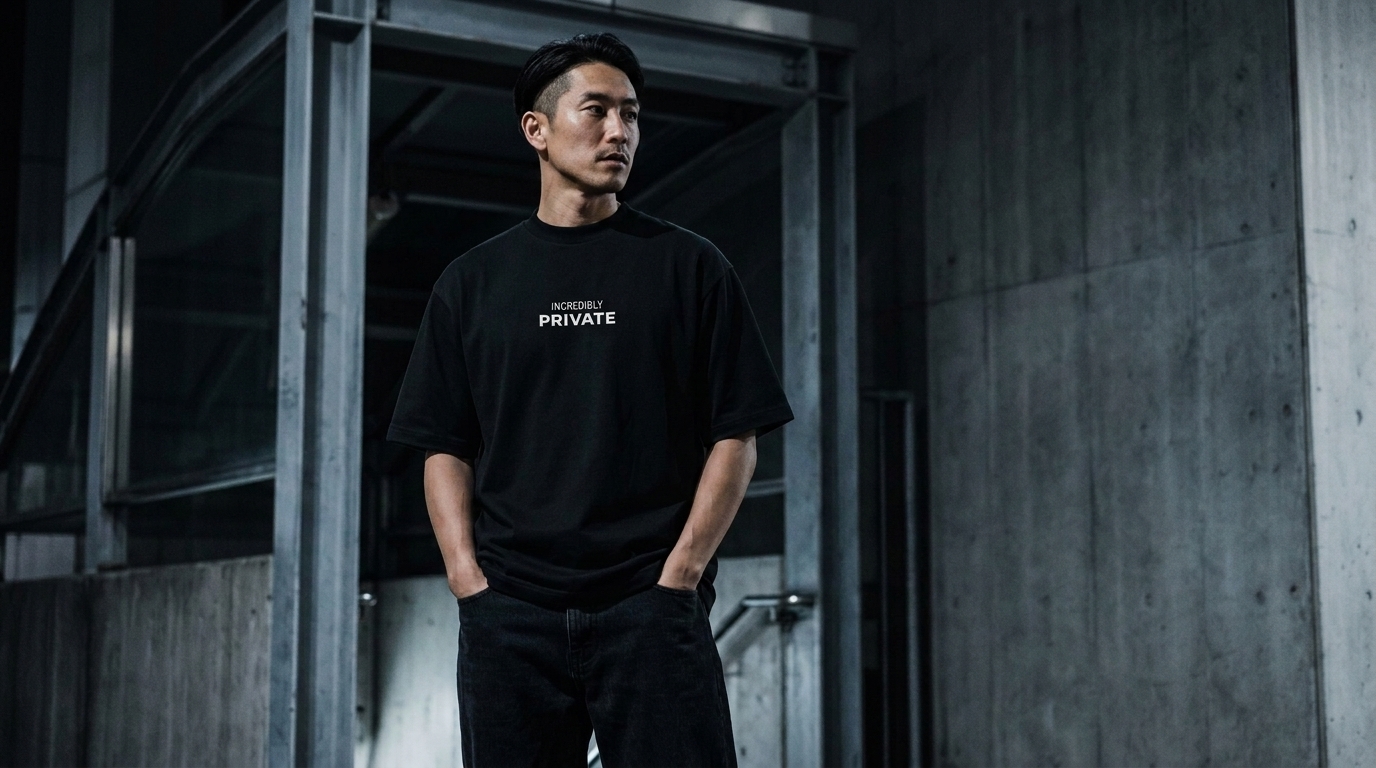 Model standing in a brutalist concrete interior wearing the black INCREDIBLY PRIVATE heavyweight tee